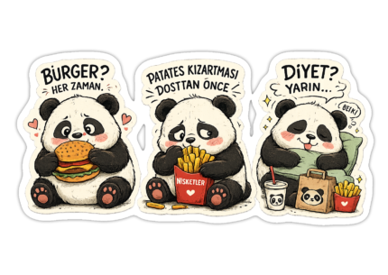 Gurme Panda 3'lü Eğlenceli Sticker Seti | Die Cut | Mat | Laminasyonlu Sticker