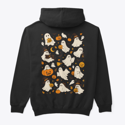 Balkabağı Çetesi ve Hayaletler tasarımlı siyah hoodie, arka görünüm
