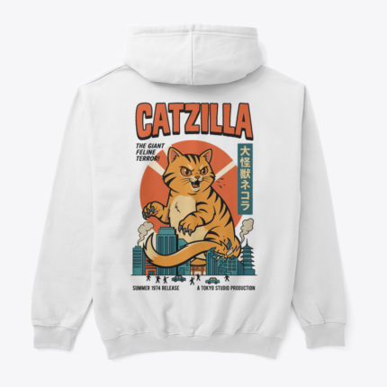 Catzilla Özel Tasarım Minimal Kedi Logolu Premium Beyaz Sweatshirt tasarımlı beyaz hoodie, arka görünüm