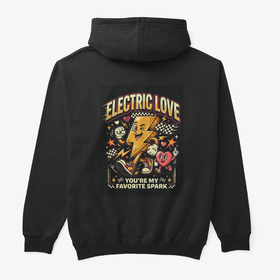 Electric Love Çift Sweatshirt tasarımlı siyah hoodie, arka görünüm