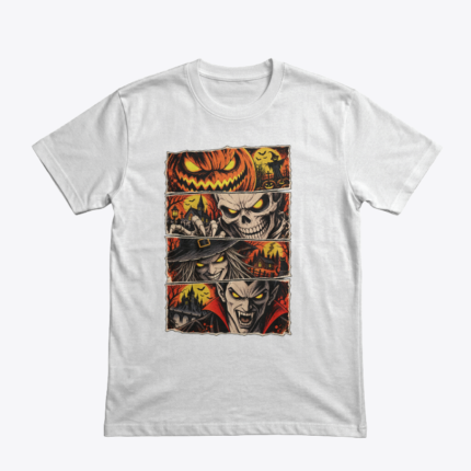 Four Faces of Halloween tasarımlı beyaz tişört