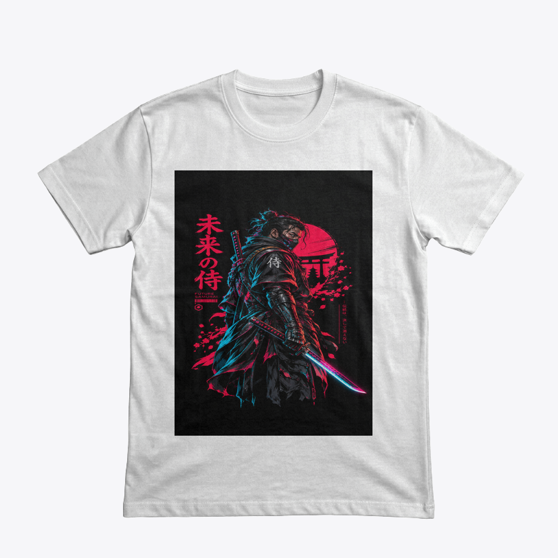 Clothing Mockup 52308 front Future Samurai – Cyberpunk & Neon Japon Anime İllüstrasyonu tasarımlı beyaz tişört