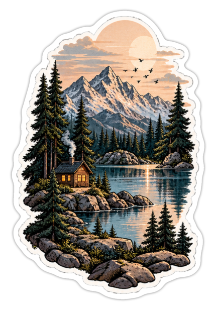 Gün Batımında Dağ ve Göl Manzarası sticker