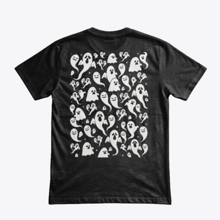 Hayaletler Gecesi – Halloween Ghost Pattern tasarımlı siyah tişört, arka görünüm