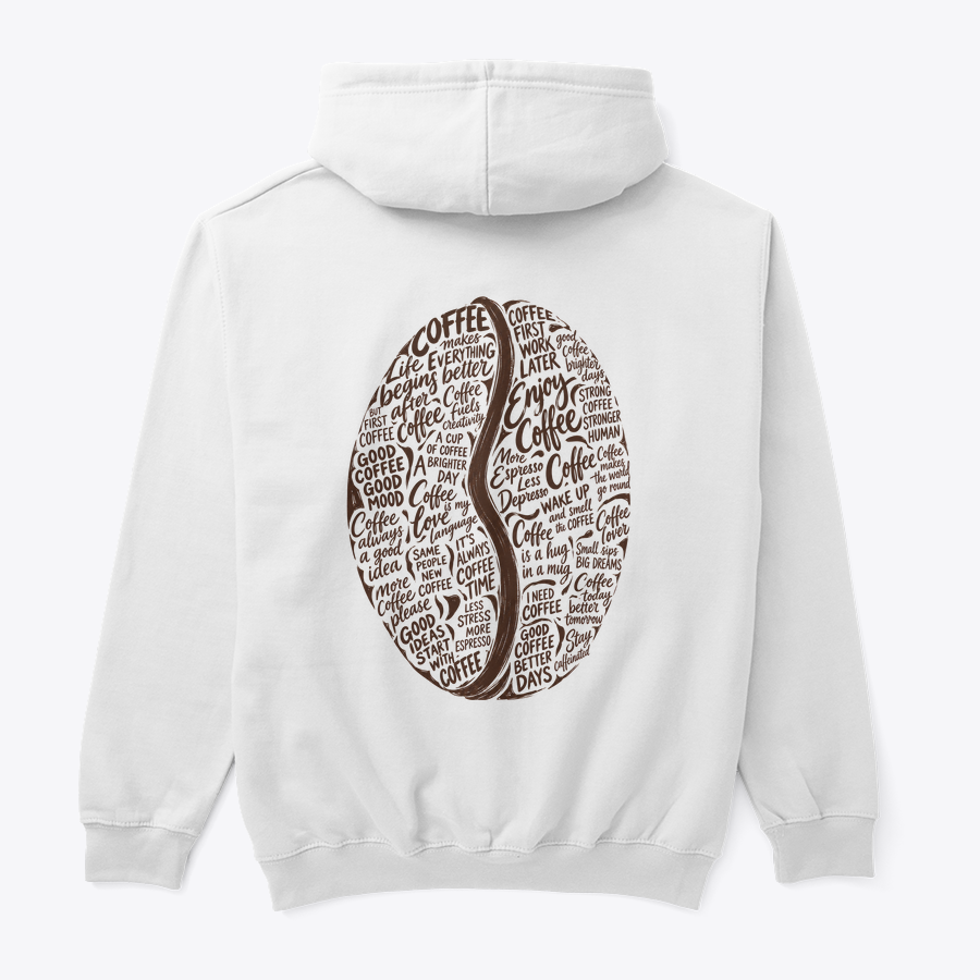 Clothing Mockup 45482 back Kahve Tutkusu Tipografi Tişört Tasarımı tasarımlı beyaz hoodie, arka görünüm