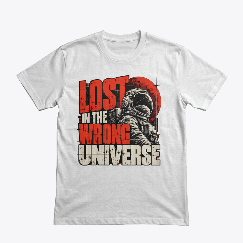 Lost in the Wrong Universe tasarımlı beyaz tişört