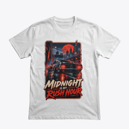 Midnight Is My Rush Hour tasarımlı beyaz tişört