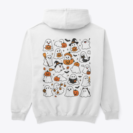 Minik Hayaletlerin Dünyası – Little Ghost Club tasarımlı beyaz hoodie, arka görünüm