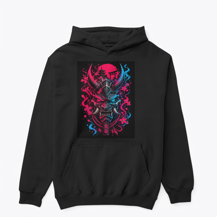 Oni İblis Maskesi tasarımlı siyah hoodie