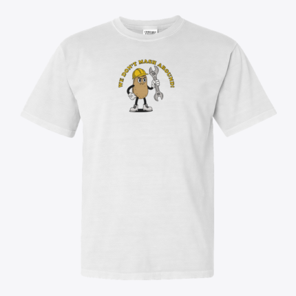 Vintage Retro Mekanik Patates 1930’lar Maskot – We Don’t Mash Around! tasarımlı beyaz tişört