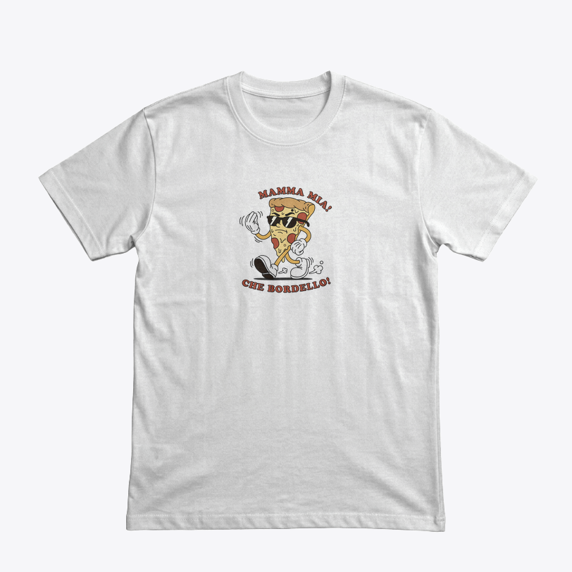 Vintage Retro Pizza Dilimi 1930’lar Maskot – Mamma Mia! Che Bordello! tasarımlı beyaz tişört
