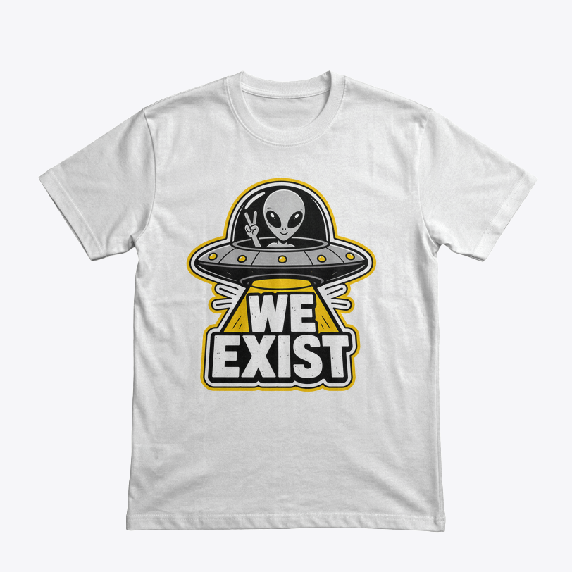 Clothing Mockup 47527 front We Exist tasarımlı beyaz tişört