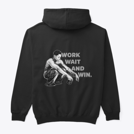 Work Wait And Win tasarımlı siyah hoodie, arka görünüm